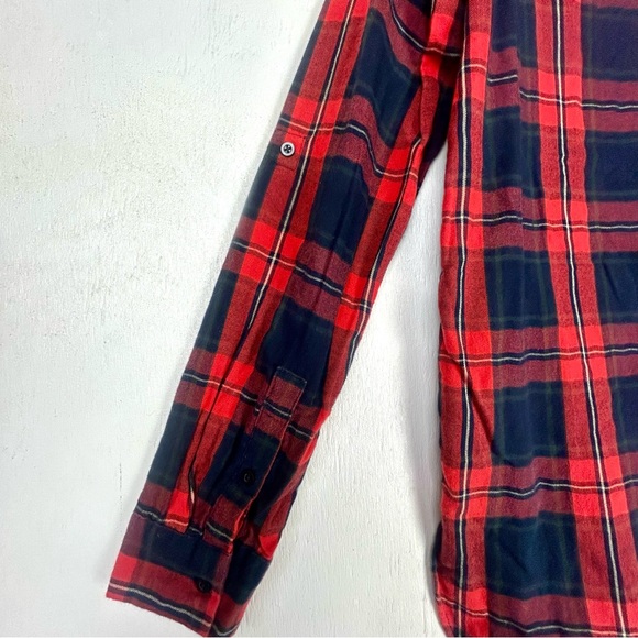 Zara | Trafaluc roll tab long sleeve button up plaid red multicolor shirt top - Picture 4 of 16